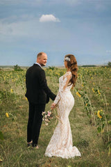 Illusion Long-Sleeve Mermaid Lace Wedding Gown with Sheer Applique