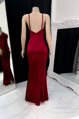 Elegant Burgundy Spaghetti Strap Prom Dress with Pleated Side Slit Design