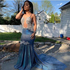 Elegant Blue Sequin Mermaid Prom Dress with Spaghetti Straps