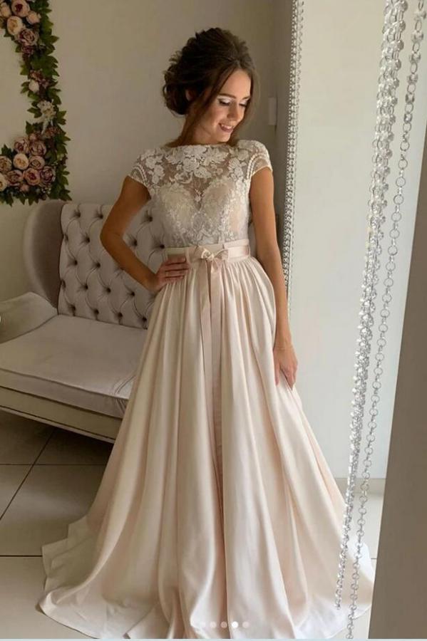 Elegant A-Line Jewel Neck Wedding Dress with Stretch Satin and Delicate Lace