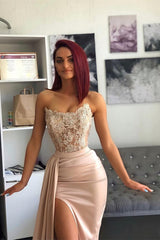 Elegant Strapless Pink Prom Dress with Applique Details and High Slit