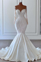 Sweetheart Off-Shoulder Long Sleeve Mermaid Wedding Dress with Applique