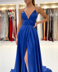 Elegant Royal Blue V-Neck Prom Gown with Thigh-High Slit and Spaghetti Straps