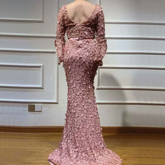 Dusty Rose V Neck Long Sleeve Mermaid Prom Dress With Appliques