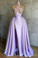 Chic High Neck Ruched Satin Floor Length Evening Dress with Floral Lace and Front Slit