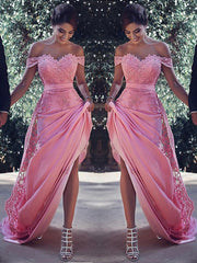Stunning Off-the-Shoulder Candy Pink Prom Dress, Elegant Lace Applique, Flowy A-Line Skirt