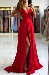 Elegant Red V-Neck Prom Dress with High Split for Special Occasions