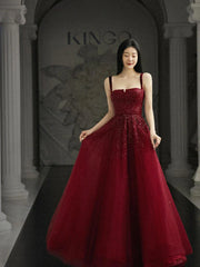 Burgundy Tulle A-Line Prom Dress with Straps and Lace-Up