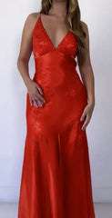 V Neck Long Prom Dress Evening Gown Satin Red Pink