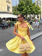 Yellow Satin A-Line Homecoming Dress with Bow Strap and Lace-Up
