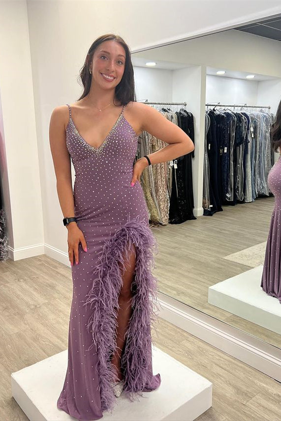 Elegant Purple Beaded Prom Dress with Spaghetti Straps and Feathers Detail