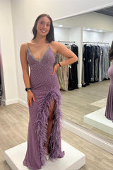 Elegant Purple Beaded Prom Dress with Spaghetti Straps and Feathers Detail