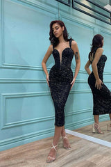 Elegant Black Sequin Mermaid Prom Dress with Spaghetti Straps & Deep V-Neck