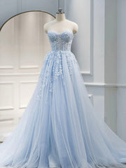 Stunning Blue Sweetheart Tulle Long Prom Dresses Formal Gowns