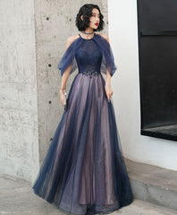Blue Tulle Sequin Evening Gown Long Prom Dress For Women