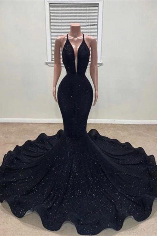 Elegant Black Halter Mermaid Prom Dress with Sparkling Sequin Embellishments