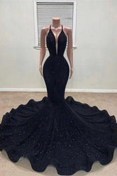 Elegant Black Halter Mermaid Prom Dress with Sparkling Sequin Embellishments