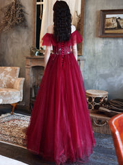 Stunning Elegant Burgundy Off-Shoulder Tulle Sequin Long Evening Prom Dress