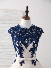 Elegant Dark Blue Lace Tulle Short Prom Dress, Stylish Blue Bridesmaid Gown