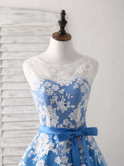 Elegant Blue Round Neck Tulle Lace Applique Tea Length Bridesmaid Prom Dress