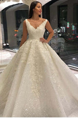 Elegant A-Line V-Neck Floor-Length Wedding Gown with Delicate Lace & Sequin Appliques