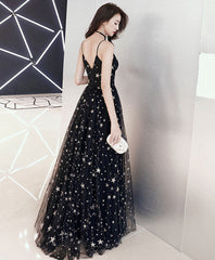 Black V Neck Tulle Long Evening Prom Dress For Women