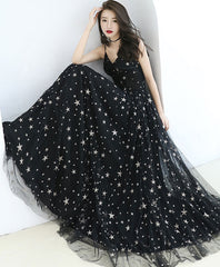 Black V Neck Tulle Long Evening Prom Dress For Women