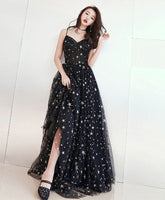 Black V Neck Tulle Long Evening Prom Dress For Women