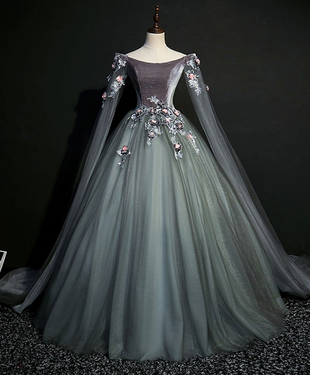 Gray Green Tulle Lace Long Prom Dress Formal Evening Gown