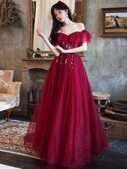 Stunning Elegant Burgundy Off-Shoulder Tulle Sequin Long Evening Prom Dress