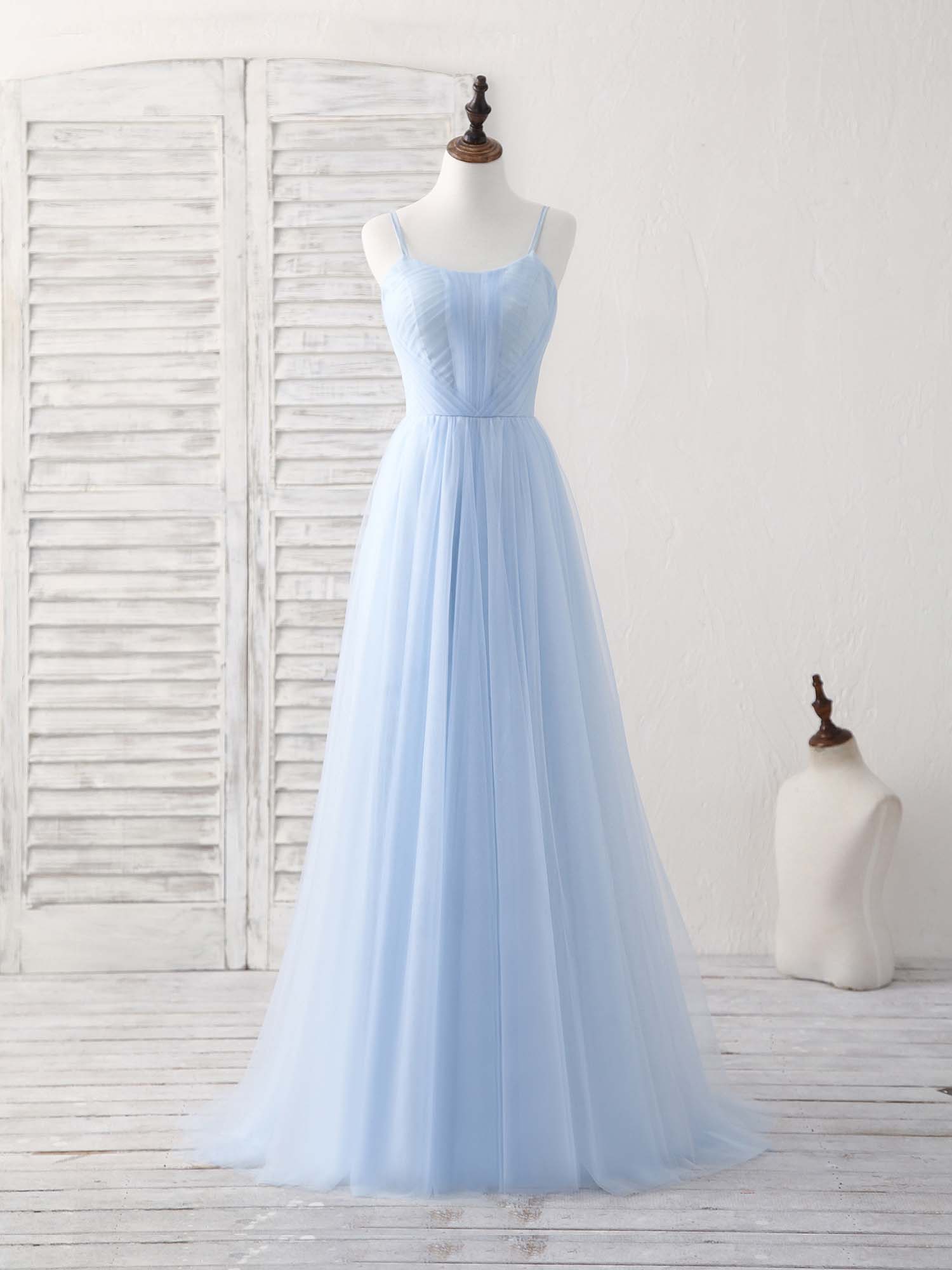 Elegant Blue Tulle Long Prom Bridesmaid Dress - Simple, Stylish, and Flowy Gown