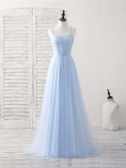 Elegant Blue Tulle Long Prom Dress, Enchanting Bridesmaid Gown for Special Occasions