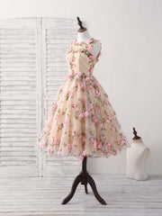 Unique Champagne 3D Applique Short Prom Dress Cute Homecoming Dress