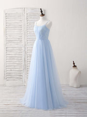 Elegant Blue Tulle Long Prom Bridesmaid Dress - Simple, Stylish, and Flowy Gown