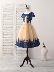 Elegant Champagne Tulle Lace Applique Short Prom Dress Bridesmaid Gown