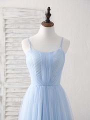 Elegant Blue Tulle Long Prom Bridesmaid Dress - Simple, Stylish, and Flowy Gown