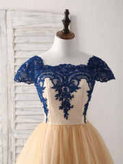 Elegant Champagne Tulle Lace Applique Short Prom Dress Bridesmaid Gown