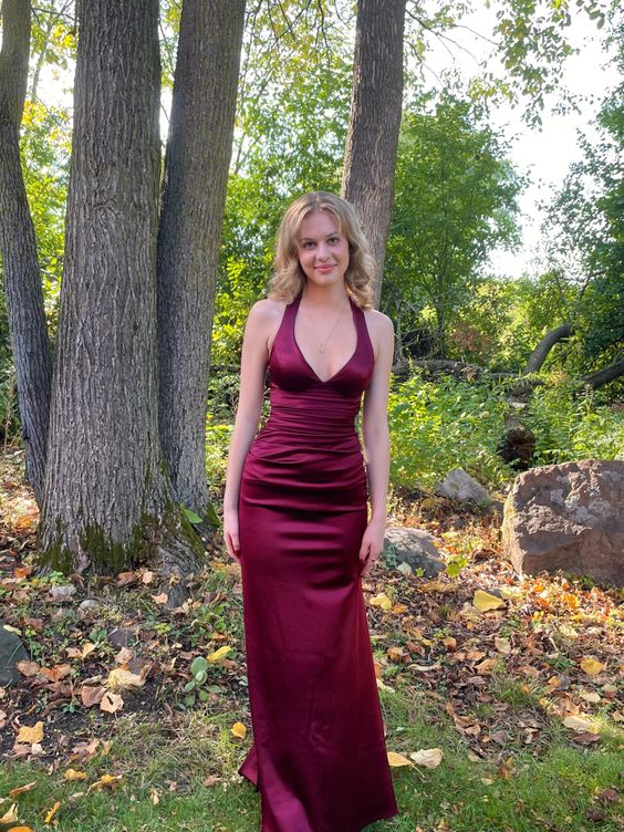 Burgundy V Neck Long Party Formal Prom Evening Wedding Dress