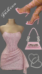 Pink Strapless Sequins Mini Dress Homecoming Party Birthday Outfit