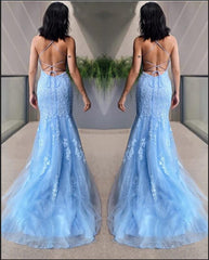 Sky Blue Halter Mermaid Prom Dress - Elegant Full-Length Formal Gown for Women