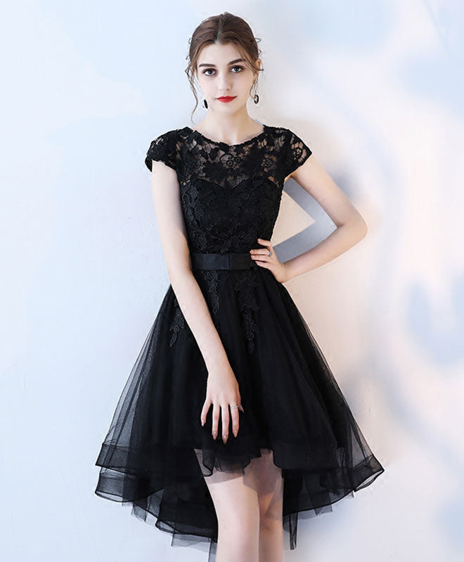 Elegant Black Lace Short High Low Evening Prom Dress