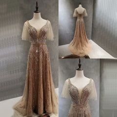 Elegant Taupe Short Sleeves V Neck A Line Prom Dress