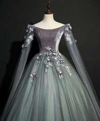 Gray Green Tulle Lace Long Prom Dress Formal Evening Gown