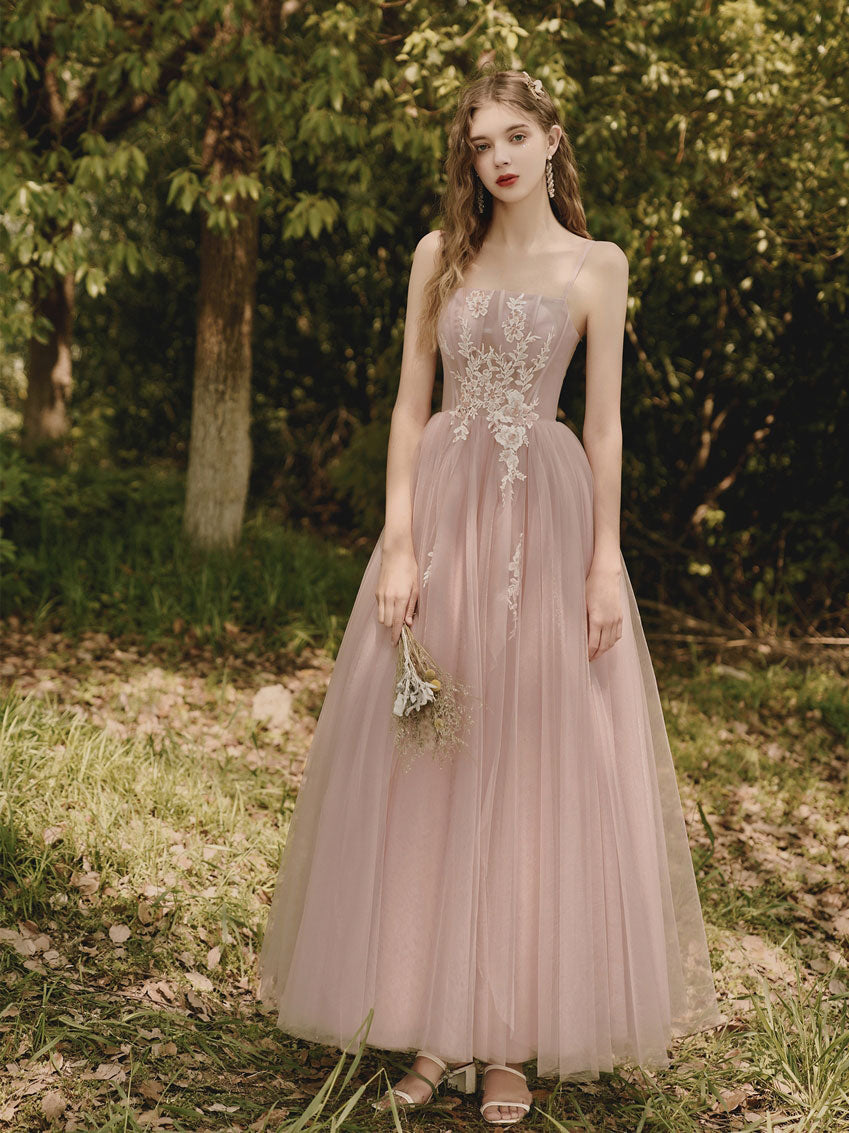 Elegant Pink Tulle Lace Tea‑Length Prom Dress with Delicate Sequin Details