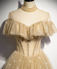 Champagne Long Prom Tulle Sequin Bridesmaid Evening Dress