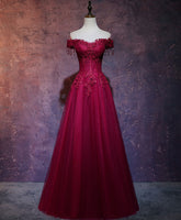 Burgundy Tulle Lace Off Shoulder Long Prom Dress Evening Gown