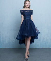 Dark Blue Lace Tulle Short High Low Prom Evening Dress