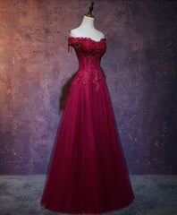 Burgundy Tulle Lace Off Shoulder Long Prom Dress Evening Gown