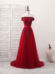 Elegant Burgundy Off-Shoulder Tulle Lace Applique Long Prom Evening Dress