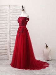 Elegant Burgundy Off-Shoulder Tulle Lace Applique Long Prom Evening Dress